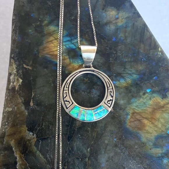 VTG Sterling Silver 925 Navajo Opal Inlay Southwest Style Pendant Necklace 18" - Picture 12 of 16